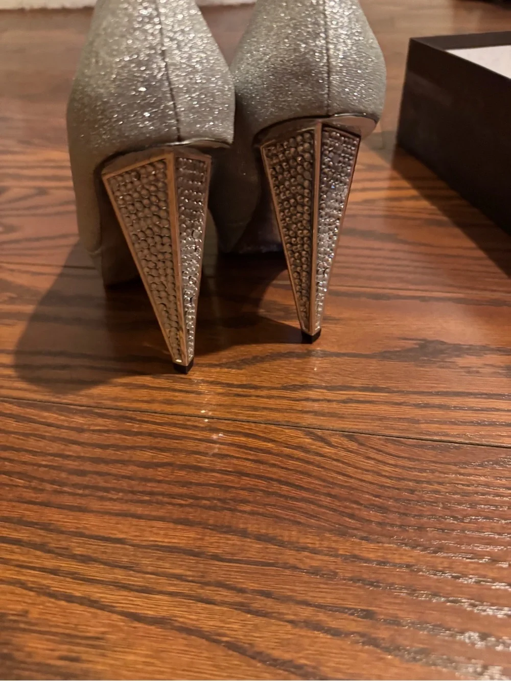 bebe Silver Glitter Peep-Toe Heels